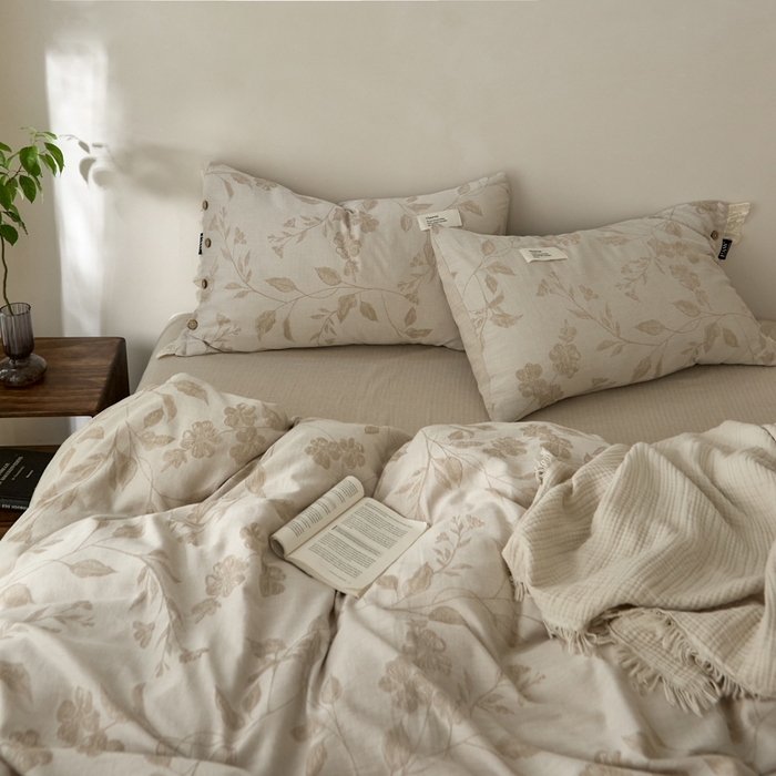 91家纺网 家纺一手货源 找家纺 大彩家居 2025新款棉麻提花四件套 叶影