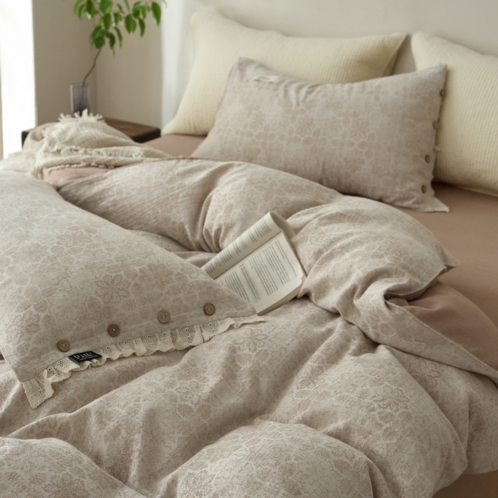 91家纺网 家纺一手货源 找家纺 大彩家居 2025新款棉麻提花四件套 棕调繁花