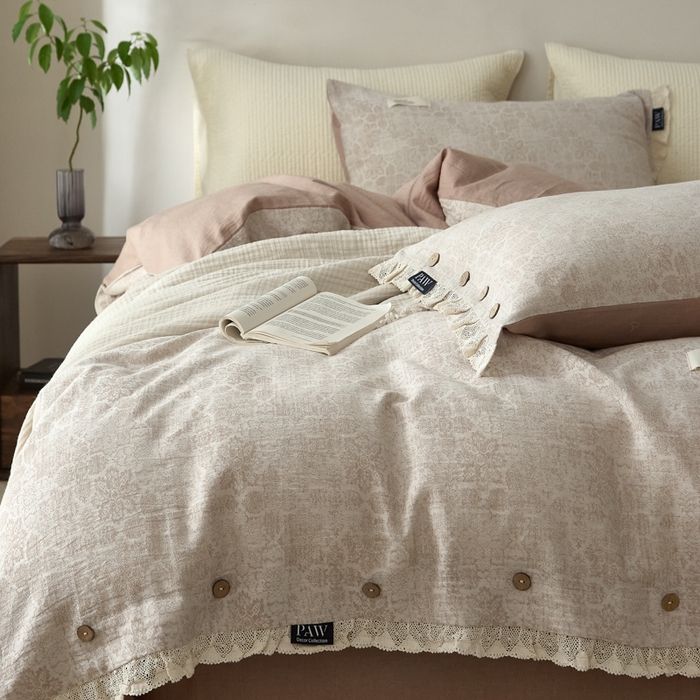 91家纺网 家纺一手货源 找家纺 大彩家居 2025新款棉麻提花四件套 棕调繁花