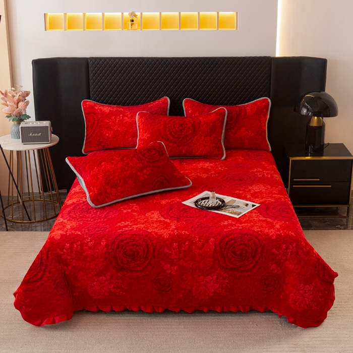 91家纺网 家纺一手货源 找家纺 梓依家纺 2025新款牛奶绒花边单床盖三件套四件套 花漾玫瑰,花漾玫瑰