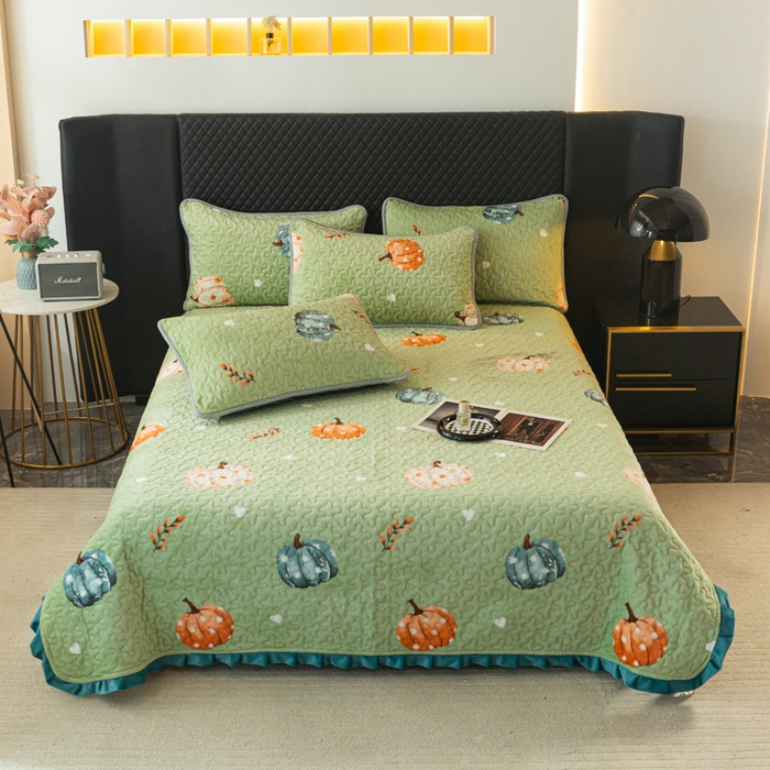 梓依家纺 2025新款牛奶绒花边单床盖三件套四件套 可爱南瓜-绿