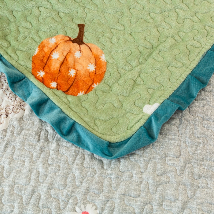 91家纺网 家纺一手货源 找家纺 梓依家纺 2025新款牛奶绒花边单床盖三件套四件套 可爱南瓜-绿