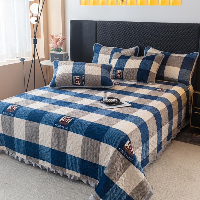 91家纺网 家纺一手货源 找家纺 梓依家纺 2025新款牛奶绒花边单床盖三件套四件套 蓝白条纹格