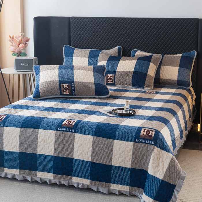 91家纺网 家纺一手货源 找家纺 梓依家纺 2025新款牛奶绒花边单床盖三件套四件套 蓝白条纹格