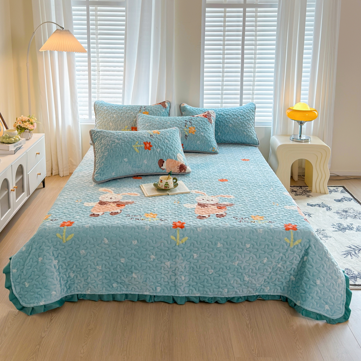 梓依家纺 2025新款牛奶绒花边单床盖三件套四件套 萌兔乐园-蓝