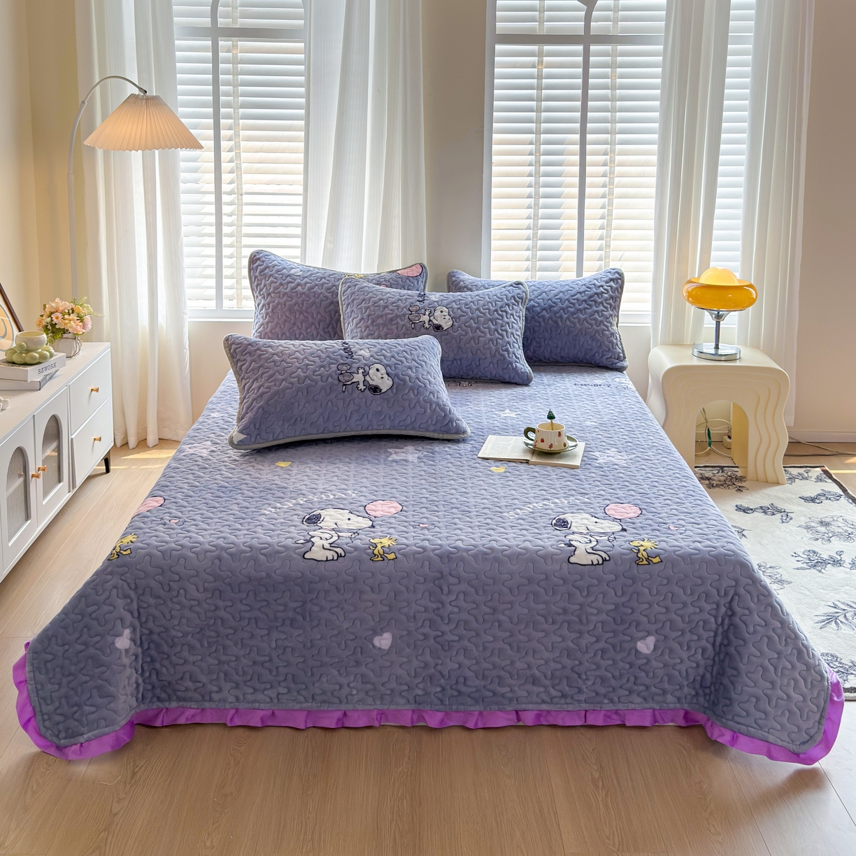 梓依家纺 2025新款牛奶绒花边单床盖三件套四件套 史努比