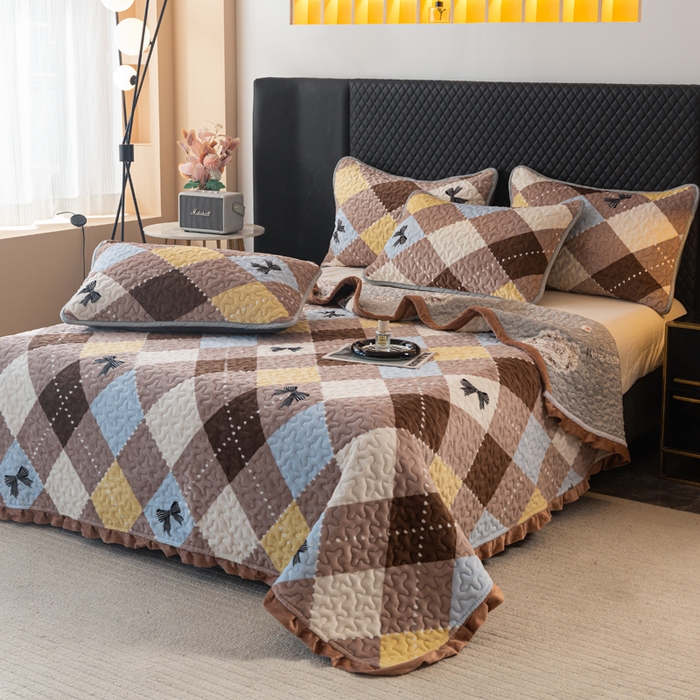 91家纺网 家纺一手货源 找家纺 梓依家纺 2025新款牛奶绒花边单床盖三件套四件套 优雅蝴蝶结