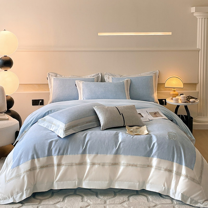 91家纺网 家纺一手货源 找家纺 2025年新款秋冬加厚A类全棉磨毛双面保暖四件套纯棉数码印花全工艺刺绣轻奢风床上用品 香颂蓝