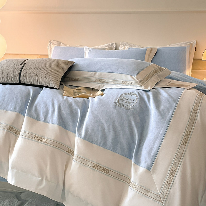 91家纺网 家纺一手货源 找家纺 2025年新款秋冬加厚A类全棉磨毛双面保暖四件套纯棉数码印花全工艺刺绣轻奢风床上用品 香颂蓝