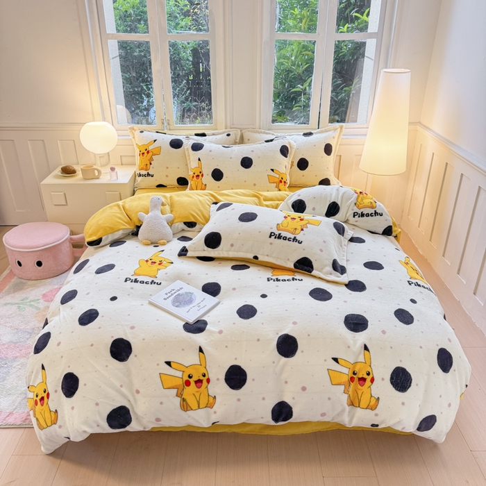 91家纺网 家纺一手货源 找家纺 徕米家居 2025新款双面牛奶绒卡通印花四件套 波点皮卡丘