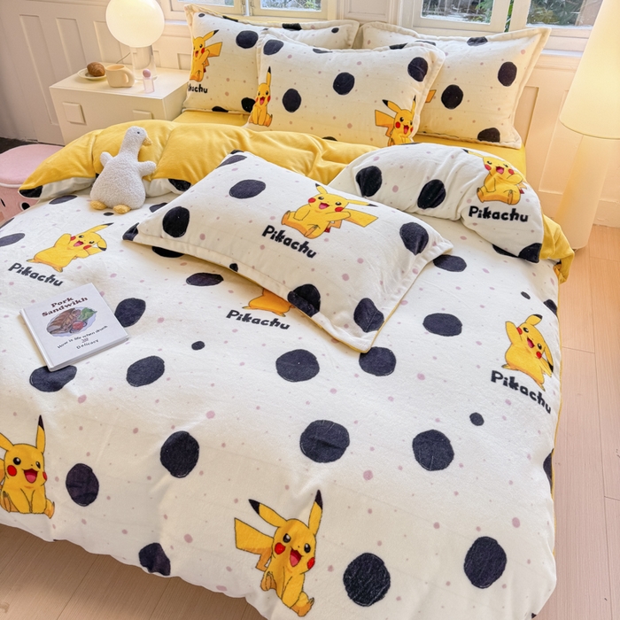 91家纺网 家纺一手货源 找家纺 徕米家居 2025新款双面牛奶绒卡通印花四件套 波点皮卡丘