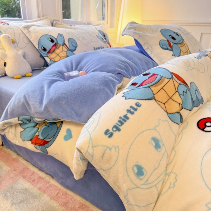 91家纺网 家纺一手货源 找家纺 徕米家居 2025新款双面牛奶绒卡通印花四件套 杰尼龟