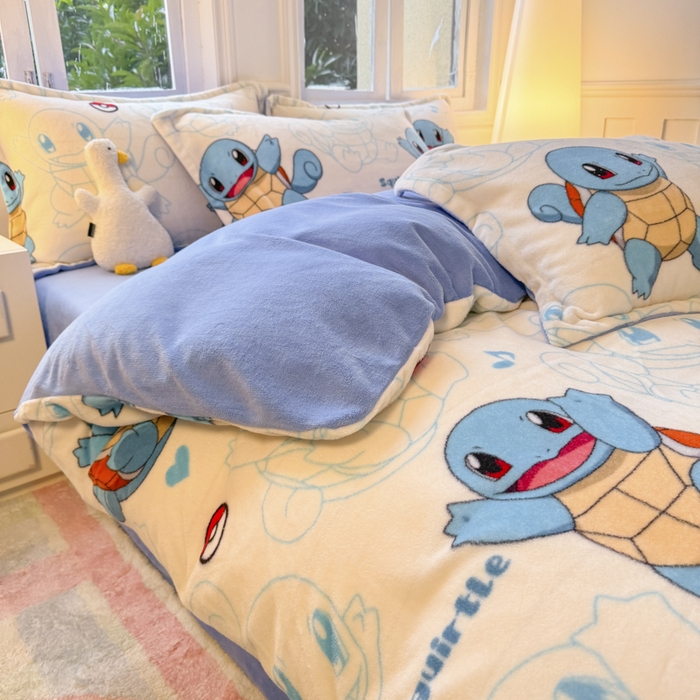 91家纺网 家纺一手货源 找家纺 徕米家居 2025新款双面牛奶绒卡通印花四件套 杰尼龟