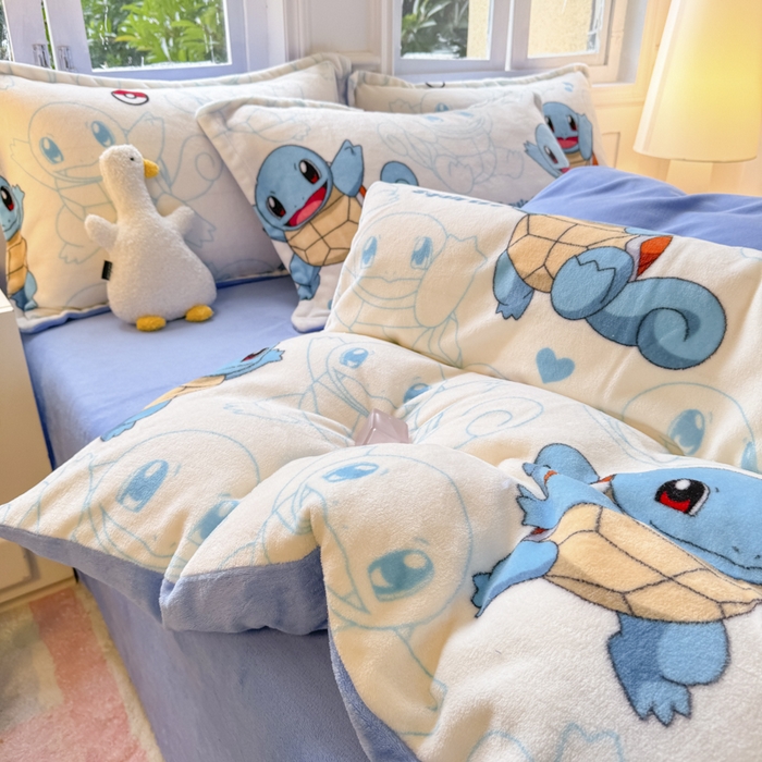 91家纺网 家纺一手货源 找家纺 徕米家居 2025新款双面牛奶绒卡通印花四件套 杰尼龟