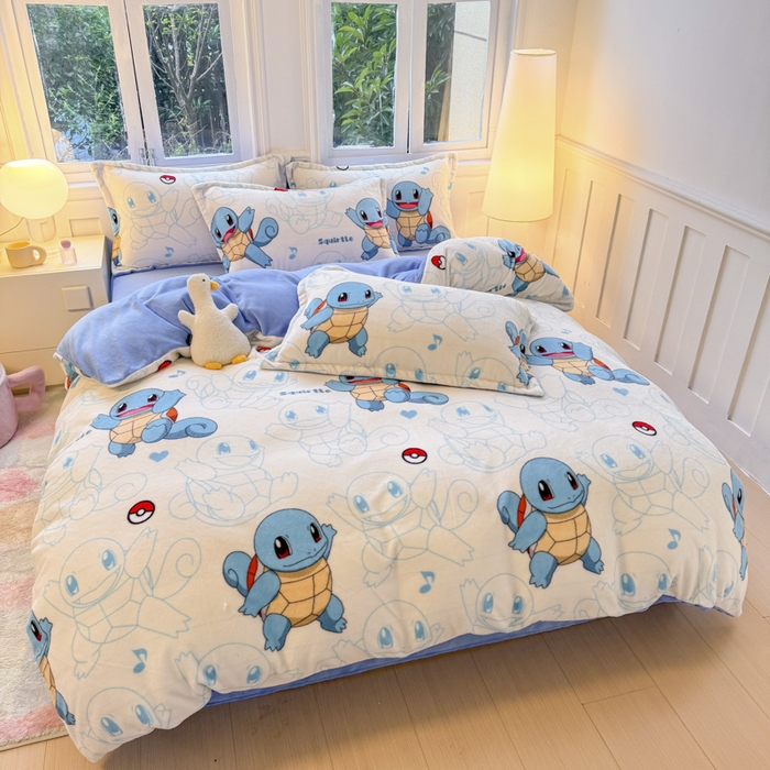 91家纺网 家纺一手货源 找家纺 徕米家居 2025新款双面牛奶绒卡通印花四件套 杰尼龟