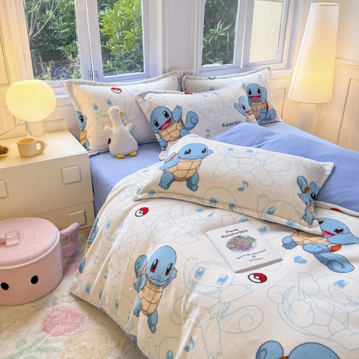 91家纺网 家纺一手货源 找家纺 徕米家居 2025新款双面牛奶绒卡通印花四件套 杰尼龟