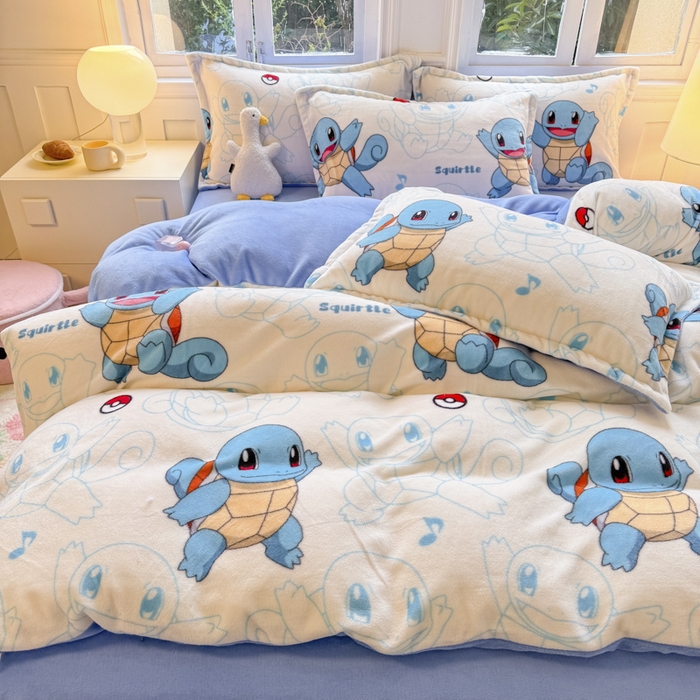 91家纺网 家纺一手货源 找家纺 徕米家居 2025新款双面牛奶绒卡通印花四件套 杰尼龟