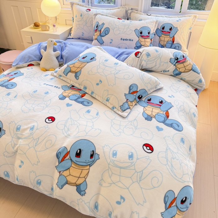 91家纺网 家纺一手货源 找家纺 徕米家居 2025新款双面牛奶绒卡通印花四件套 杰尼龟