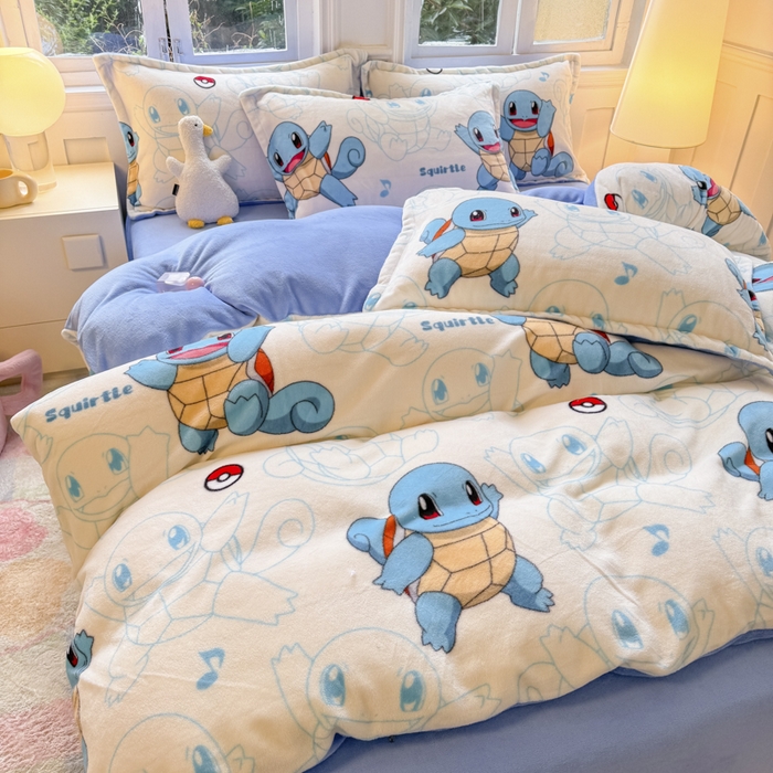 91家纺网 家纺一手货源 找家纺 徕米家居 2025新款双面牛奶绒卡通印花四件套 杰尼龟