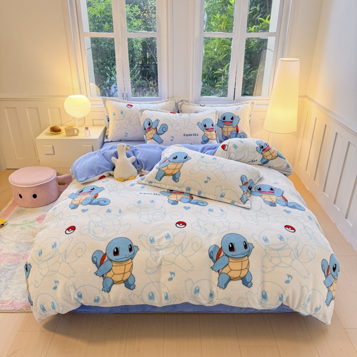 91家纺网 家纺一手货源 找家纺 徕米家居 2025新款双面牛奶绒卡通印花四件套 杰尼龟