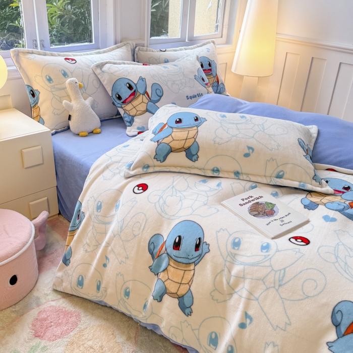 91家纺网 家纺一手货源 找家纺 徕米家居 2025新款双面牛奶绒卡通印花四件套 杰尼龟