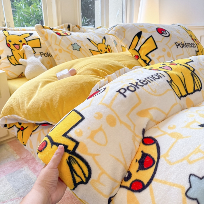 徕米家居 2025新款双面牛奶绒卡通印花四件套 精灵皮卡丘