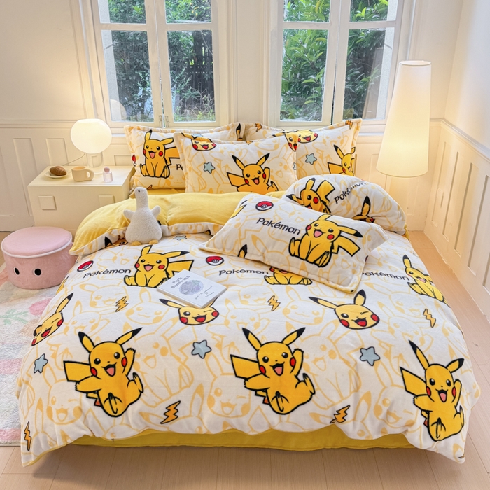 91家纺网 家纺一手货源 找家纺 徕米家居 2025新款双面牛奶绒卡通印花四件套 精灵皮卡丘