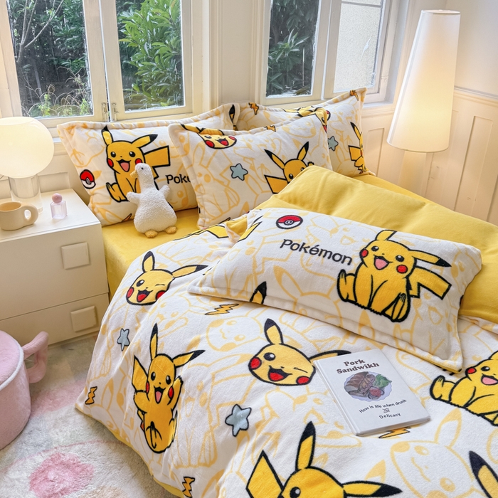 91家纺网 家纺一手货源 找家纺 徕米家居 2025新款双面牛奶绒卡通印花四件套 精灵皮卡丘