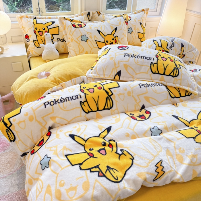 91家纺网 家纺一手货源 找家纺 徕米家居 2025新款双面牛奶绒卡通印花四件套 精灵皮卡丘