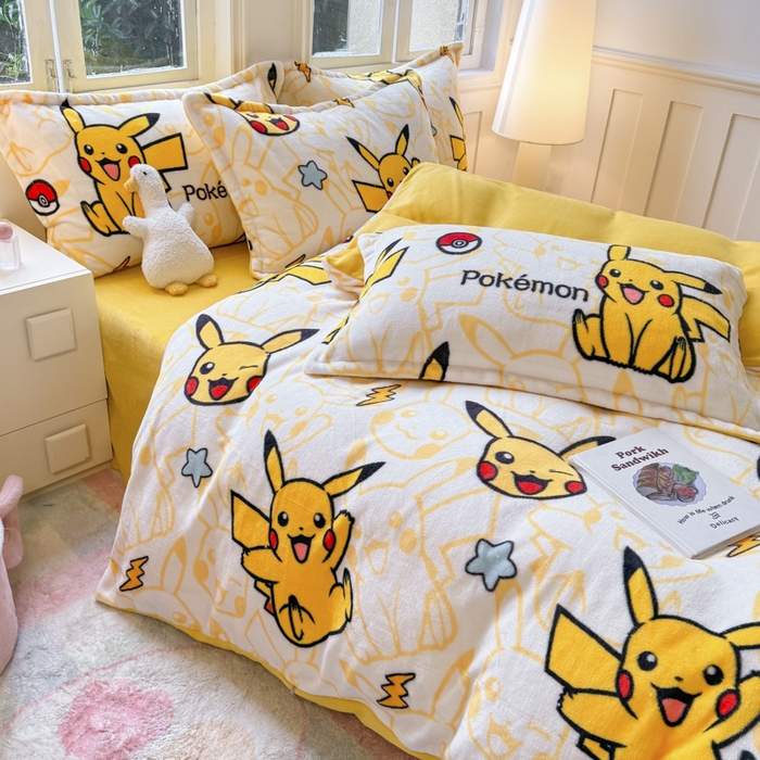 91家纺网 家纺一手货源 找家纺 徕米家居 2025新款双面牛奶绒卡通印花四件套 精灵皮卡丘