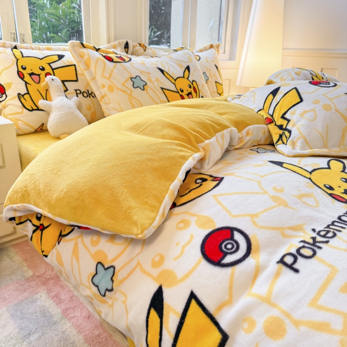 91家纺网 家纺一手货源 找家纺 徕米家居 2025新款双面牛奶绒卡通印花四件套 精灵皮卡丘