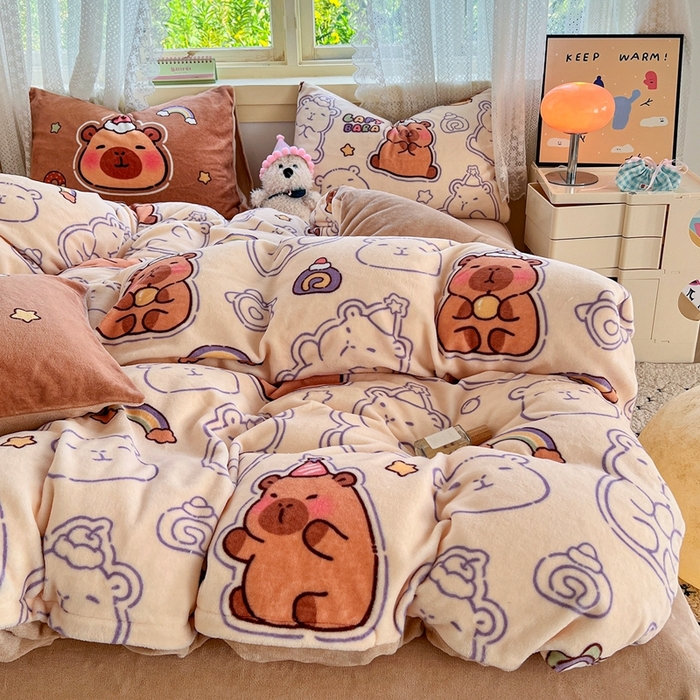 91家纺网 家纺一手货源 找家纺 徕米家居 2025新款双面牛奶绒卡通印花四件套 可爱卡皮吧啦