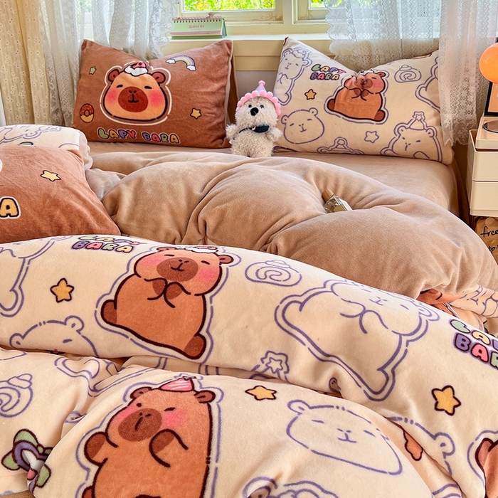 91家纺网 家纺一手货源 找家纺 徕米家居 2025新款双面牛奶绒卡通印花四件套 可爱卡皮吧啦