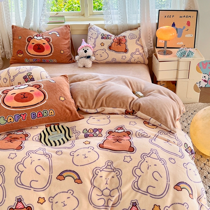 91家纺网 家纺一手货源 找家纺 徕米家居 2025新款双面牛奶绒卡通印花四件套 可爱卡皮吧啦