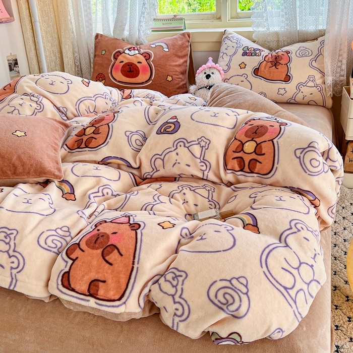 91家纺网 家纺一手货源 找家纺 徕米家居 2025新款双面牛奶绒卡通印花四件套 可爱卡皮吧啦