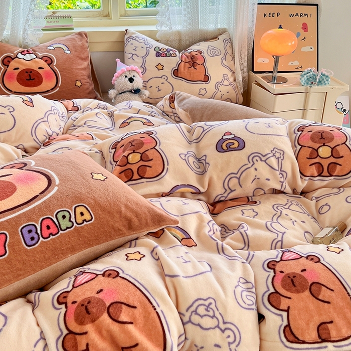91家纺网 家纺一手货源 找家纺 徕米家居 2025新款双面牛奶绒卡通印花四件套 可爱卡皮吧啦