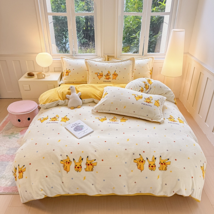 91家纺网 家纺一手货源 找家纺 徕米家居 2025新款双面牛奶绒卡通印花四件套 皮卡丘伙伴