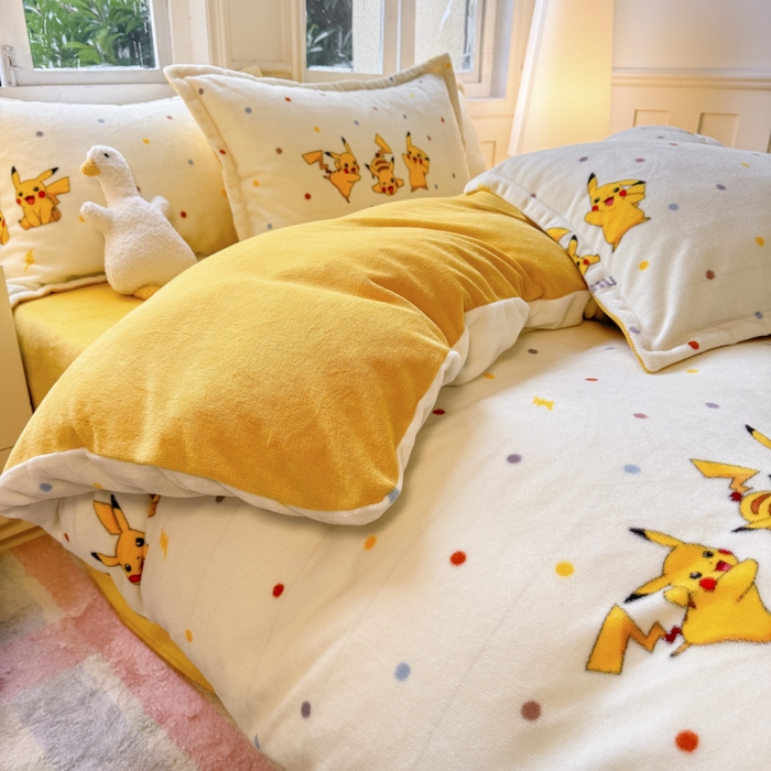 91家纺网 家纺一手货源 找家纺 徕米家居 2025新款双面牛奶绒卡通印花四件套 皮卡丘伙伴