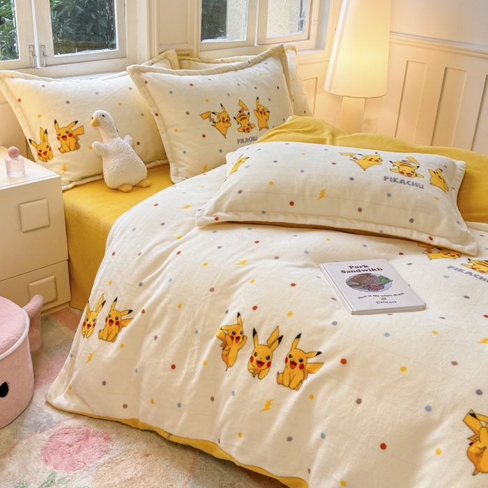 91家纺网 家纺一手货源 找家纺 徕米家居 2025新款双面牛奶绒卡通印花四件套 皮卡丘伙伴