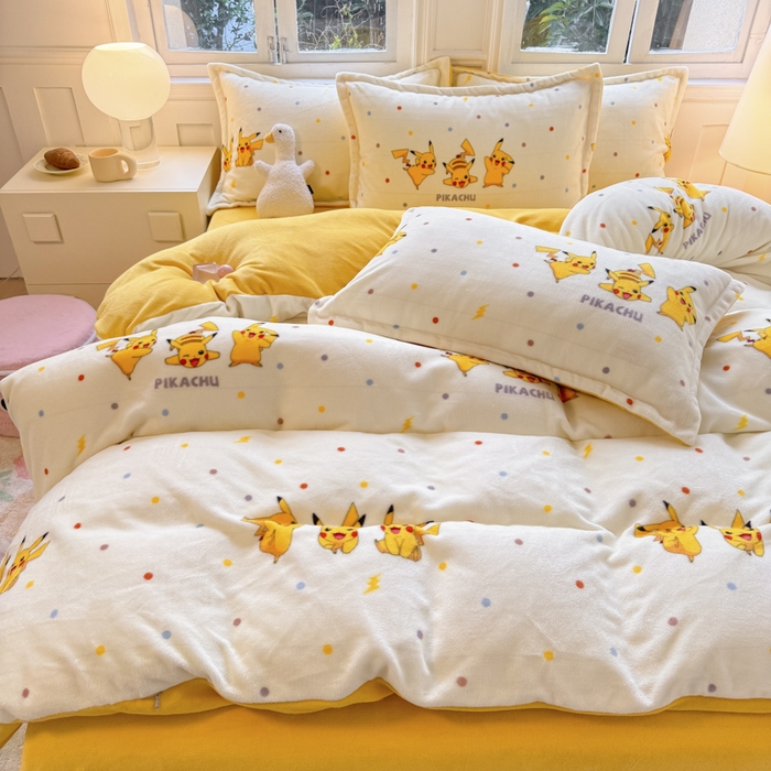 91家纺网 家纺一手货源 找家纺 徕米家居 2025新款双面牛奶绒卡通印花四件套 皮卡丘伙伴