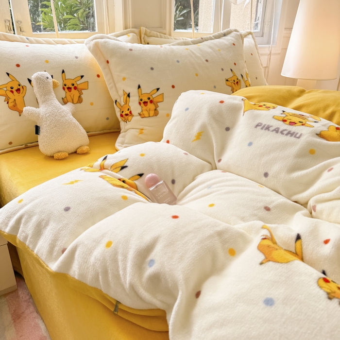 91家纺网 家纺一手货源 找家纺 徕米家居 2025新款双面牛奶绒卡通印花四件套 皮卡丘伙伴