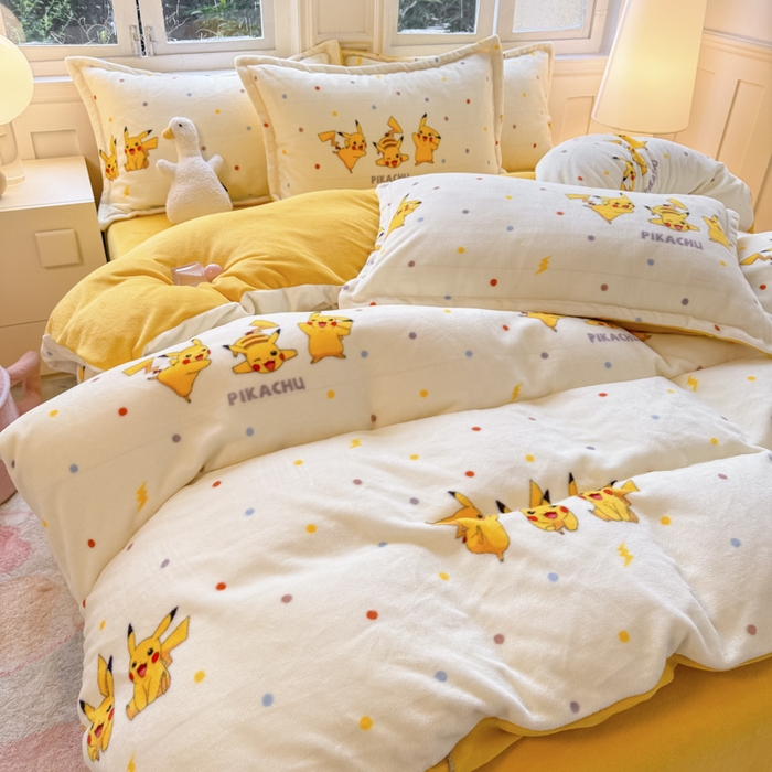 91家纺网 家纺一手货源 找家纺 徕米家居 2025新款双面牛奶绒卡通印花四件套 皮卡丘伙伴