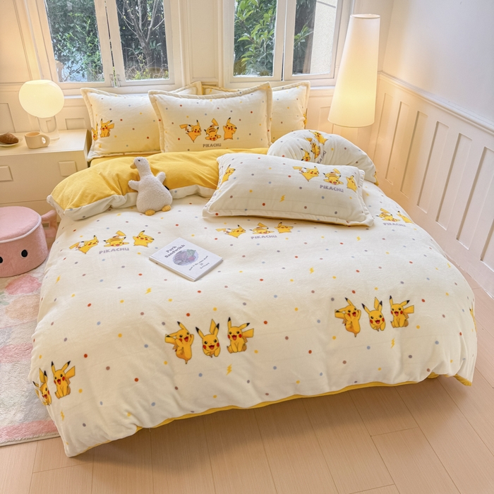 91家纺网 家纺一手货源 找家纺 徕米家居 2025新款双面牛奶绒卡通印花四件套 皮卡丘伙伴