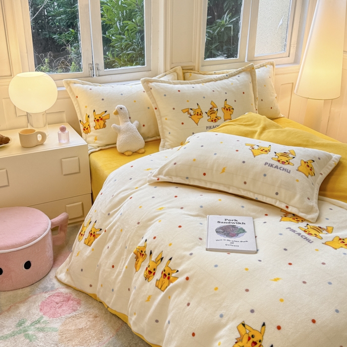 91家纺网 家纺一手货源 找家纺 徕米家居 2025新款双面牛奶绒卡通印花四件套 皮卡丘伙伴