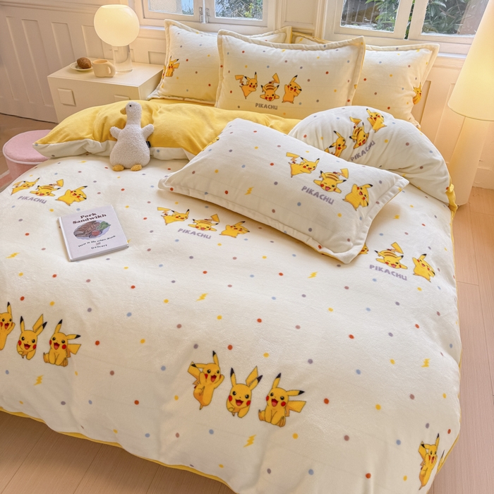 91家纺网 家纺一手货源 找家纺 徕米家居 2025新款双面牛奶绒卡通印花四件套 皮卡丘伙伴