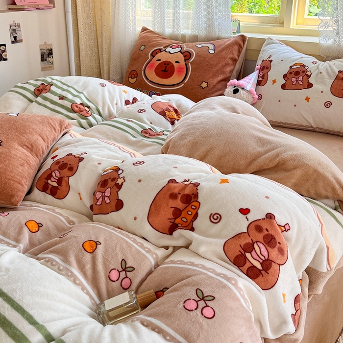 徕米家居 2025新款双面牛奶绒卡通印花四件套 条纹卡皮吧啦