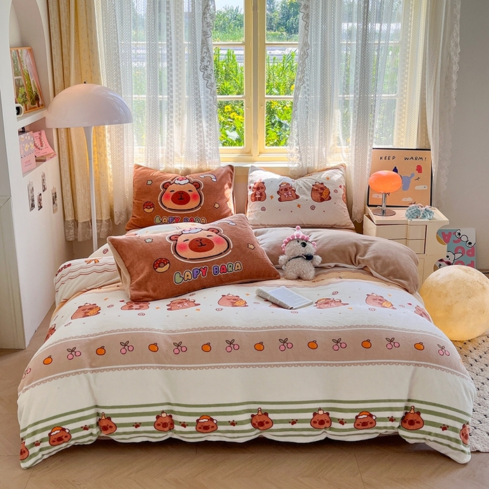 91家纺网 家纺一手货源 找家纺 徕米家居 2025新款双面牛奶绒卡通印花四件套 条纹卡皮吧啦