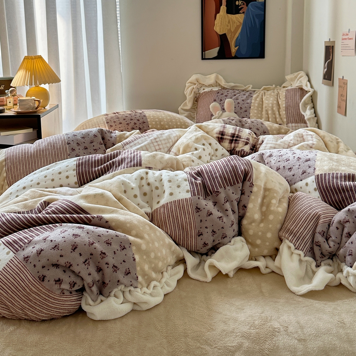 91家纺网 家纺一手货源 找家纺 艾咪-Amy ntmy 2025新款博主风花边款牛奶绒四件套-花栖礼 花栖礼-紫