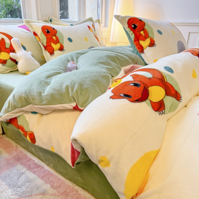 91家纺网 家纺一手货源 找家纺 徕米家居 2025新款双面牛奶绒卡通印花四件套 小火龙