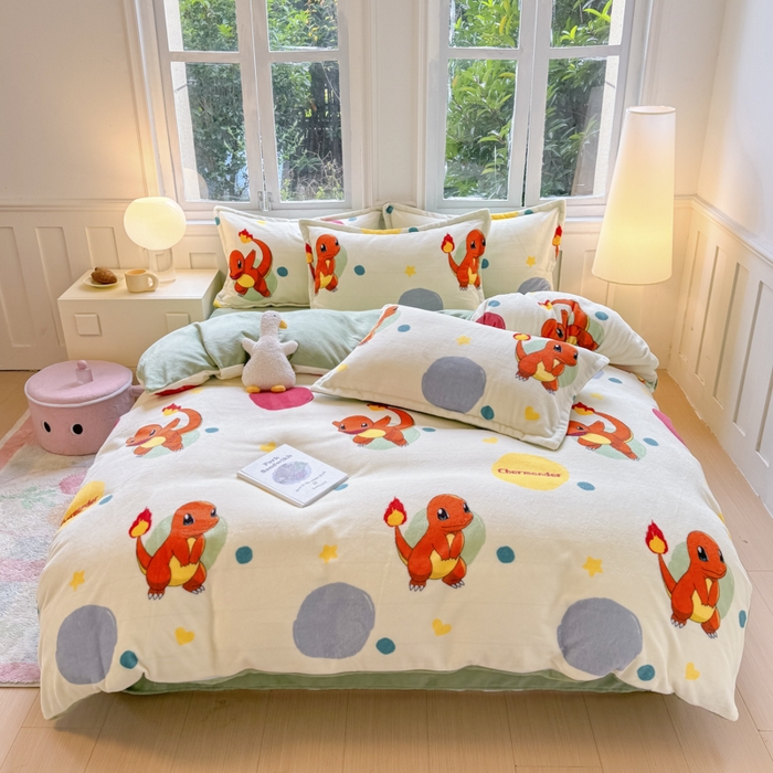 91家纺网 家纺一手货源 找家纺 徕米家居 2025新款双面牛奶绒卡通印花四件套 小火龙